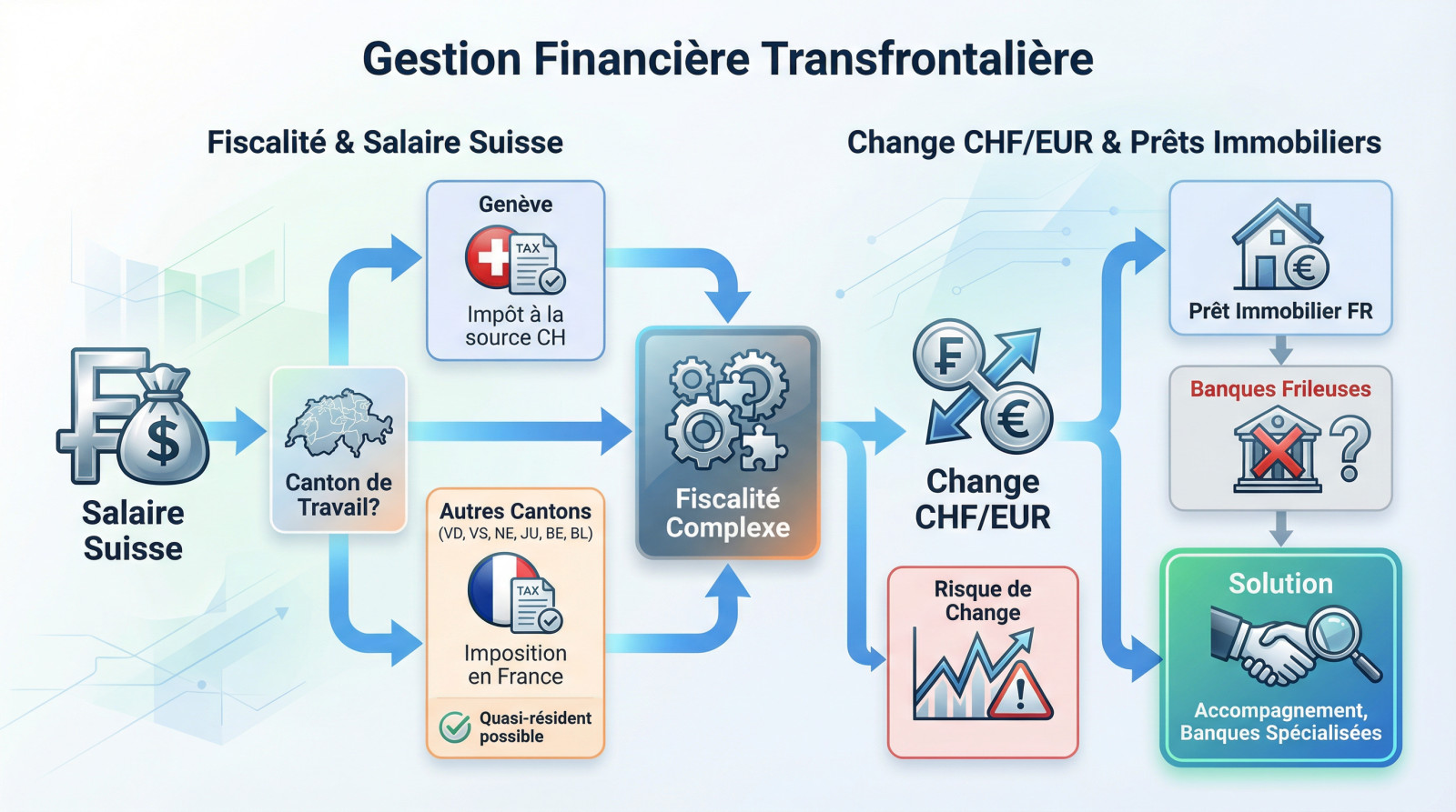 <strong>Gestion financière pour frontalier : francs suisses, euros et fiscalité</strong>« ></p>
<h3>Salaire en francs suisses et fiscalité : comment ça marche ?</h3>
<p>Si les salaires suisses font rêver, la <strong>réalité fiscale est complexe</strong>. Votre imposition dépend de votre canton de travail : une simple frontière change tout.</p>
<p>Ce système dual complexifie la <a href=