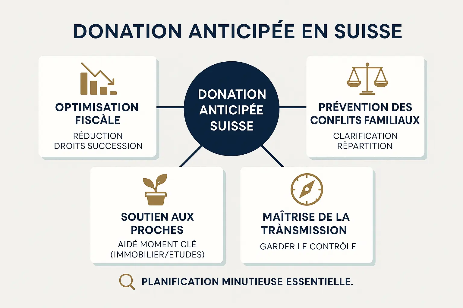 Infographie sur la donation anticipée en Suisse, illustrant les avantages et les risques fiscaux.