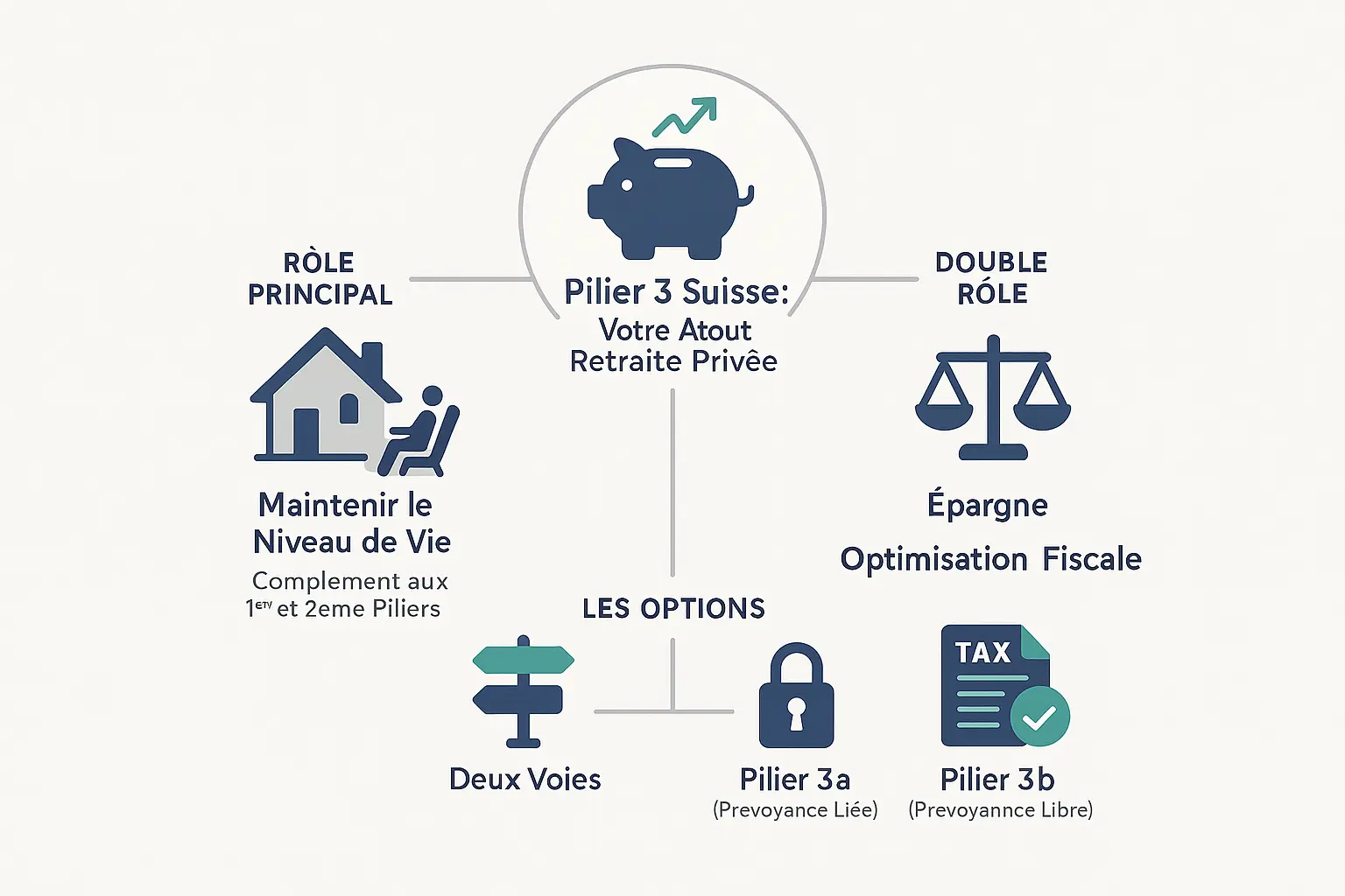 Infographie sur les rôles et options du 3ème pilier suisse
