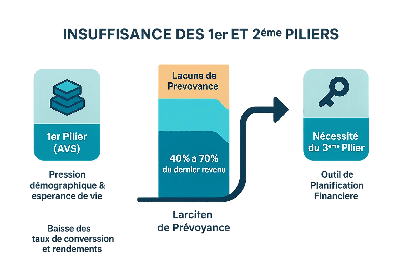 Illustration montrant l'insuffisance des piliers 1 et 2 de la retraite suisse