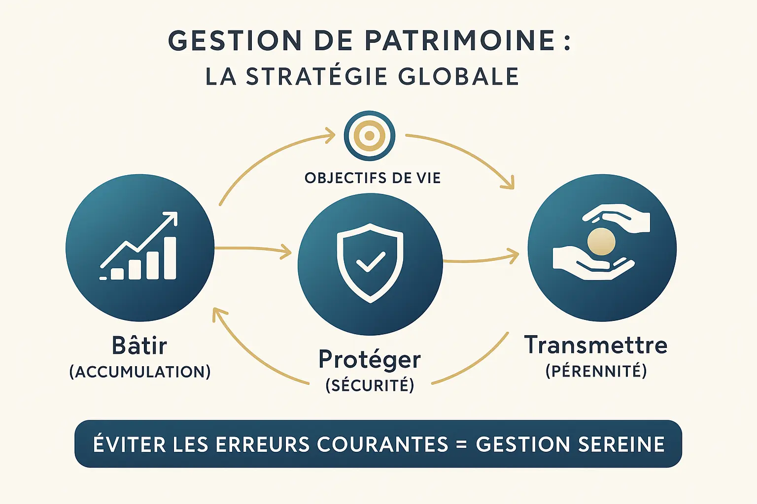 Schéma illustrant une stratégie globale de gestion de patrimoine avec les étapes clés : définition des objectifs, diversification, optimisation fiscale et transmission.