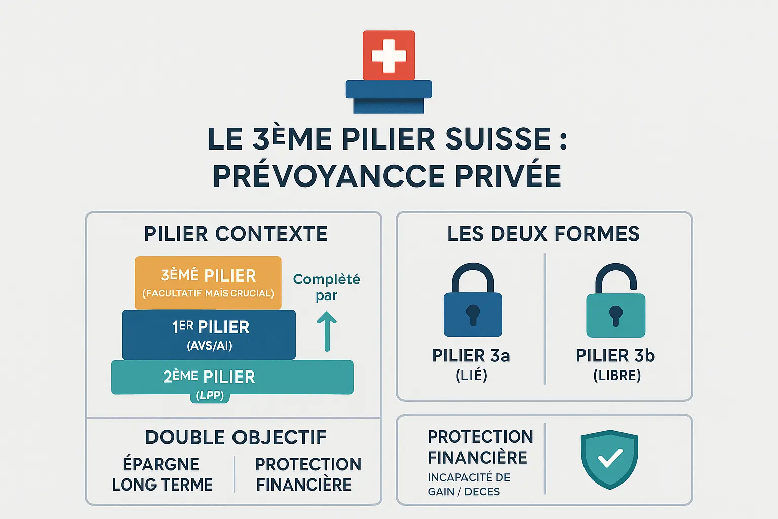 Schéma explicatif du 3ème pilier suisse : piliers 3a et 3b