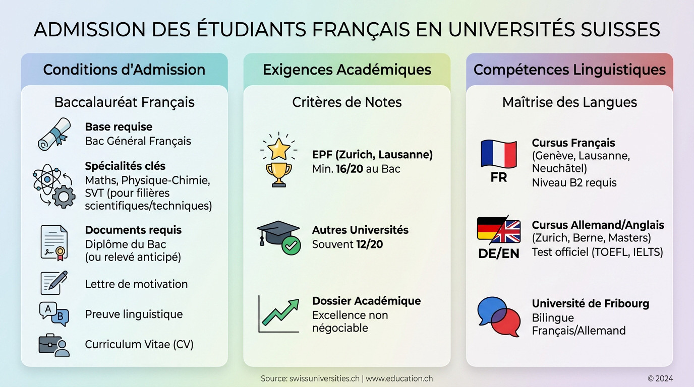 Étudiants français consultant les conditions d'admission sur un campus universitaire suisse