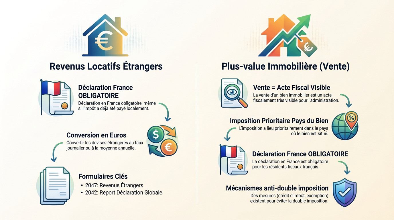 Schéma explicatif de la déclaration des revenus étrangers et plus-values immobilières pour les résidents fiscaux français