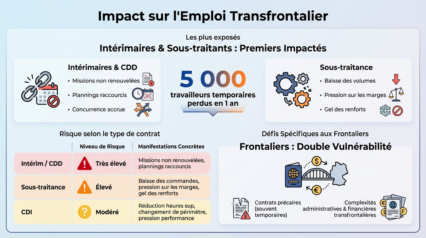 Graphique illustrant l'impact de la crise horlogère sur l'emploi frontalier et les contrats précaires