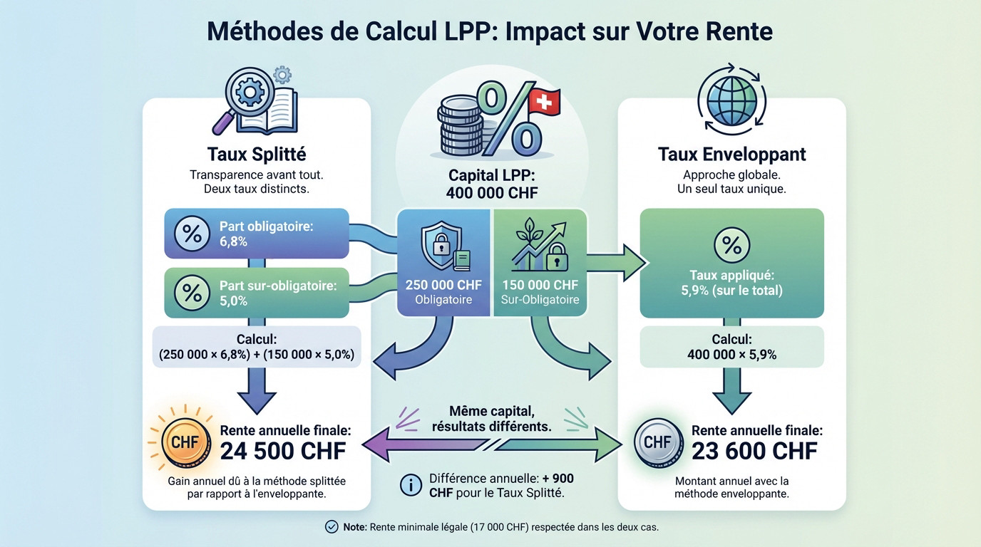 Schéma comparatif des méthodes de calcul de rente LPP : taux splitté versus taux enveloppant