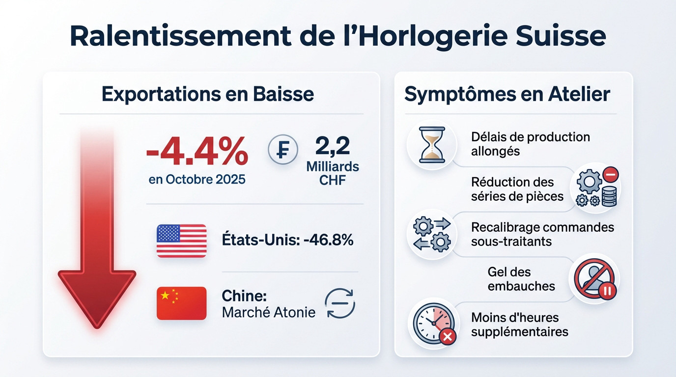 Graphique illustrant la <strong>baisse des exportations horlogères suisses</strong> et le ralentissement de la production en usine »></p><p>Ce n&rsquo;est pas juste un retour à la normale après l&rsquo;euphorie post-Covid, mais bien un <strong>coup de frein brutal qui s&rsquo;installe</strong> depuis plus d&rsquo;un an. L&rsquo;Arc jurassien subit de plein fouet cette crise structurelle, loin d&rsquo;être une simple passade ou un ajustement technique.</p><h3 id=