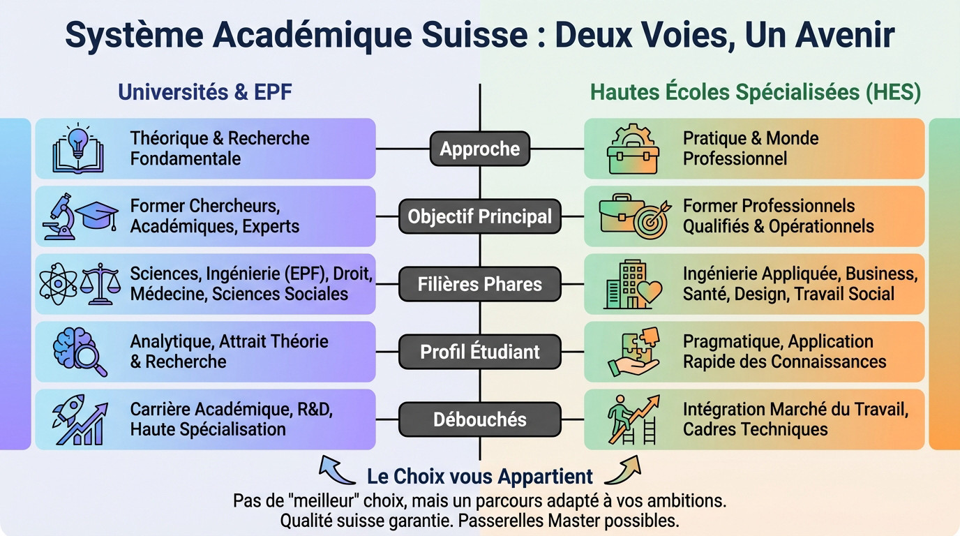 Comparaison visuelle entre l'enseignement universitaire théorique et la pratique en HES en Suisse