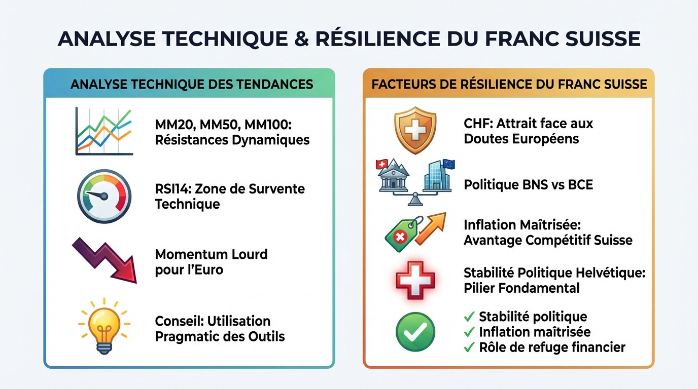 Graphique analyse technique EUR/CHF montrant les moyennes mobiles et la résilience du franc suisse