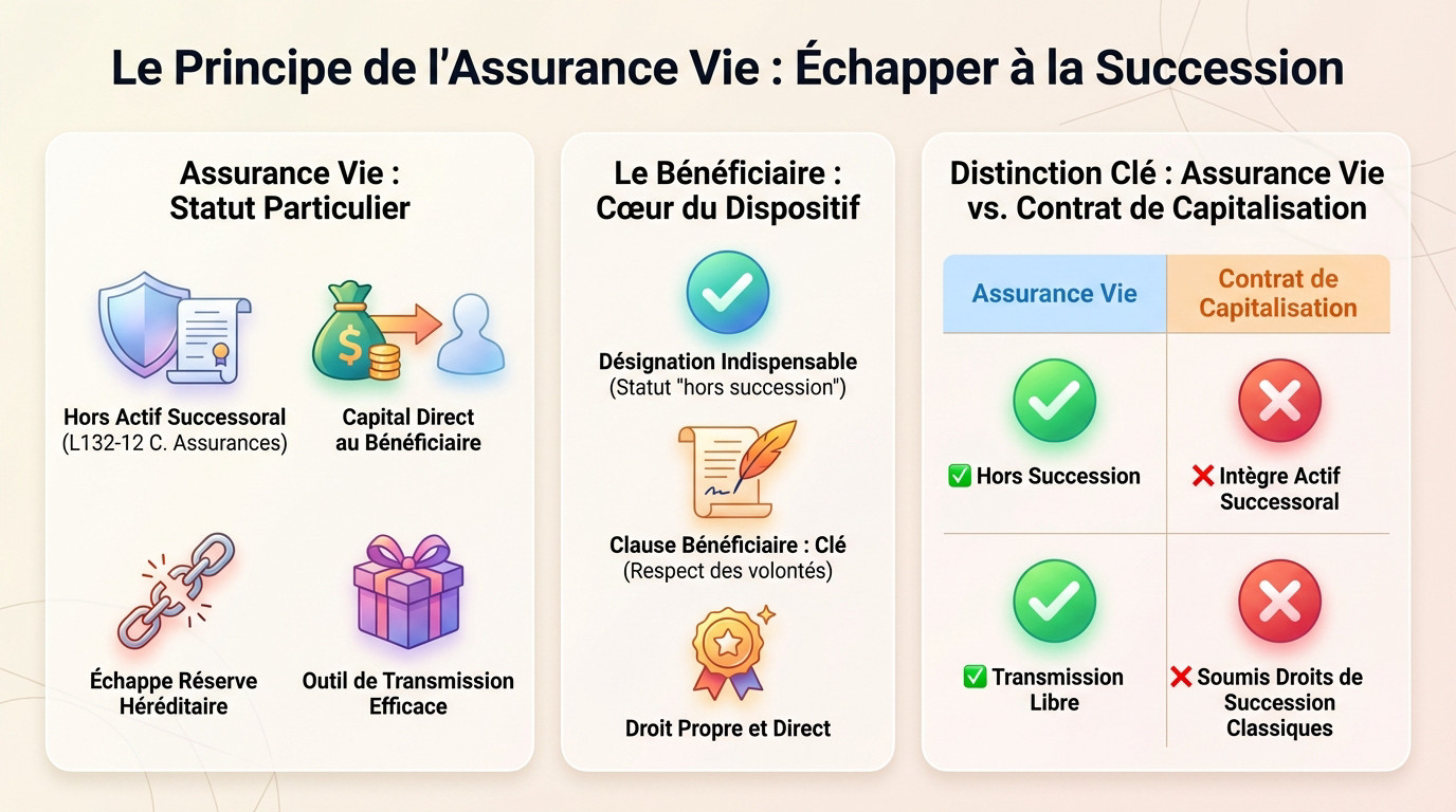 Schéma illustrant que l'assurance vie est hors succession contrairement aux autres actifs