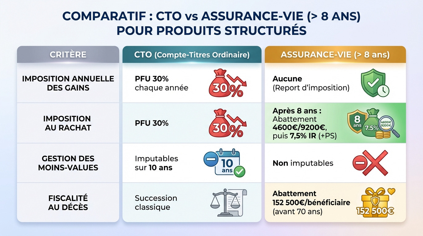 Tableau comparatif de la fiscalité des produits structurés entre Compte-Titres Ordinaire et Assurance-Vie après 8 ans