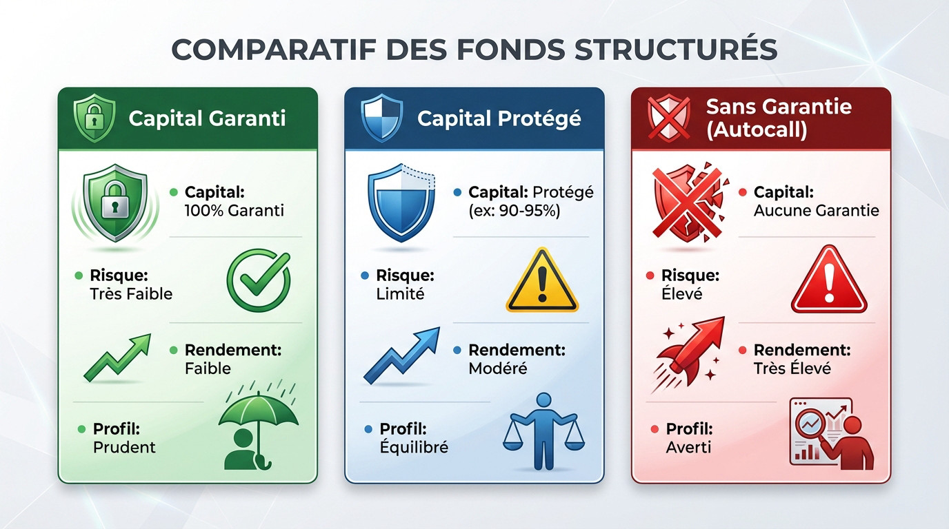 Graphique comparant le niveau de risque et de rendement des trois catégories de fonds structurés