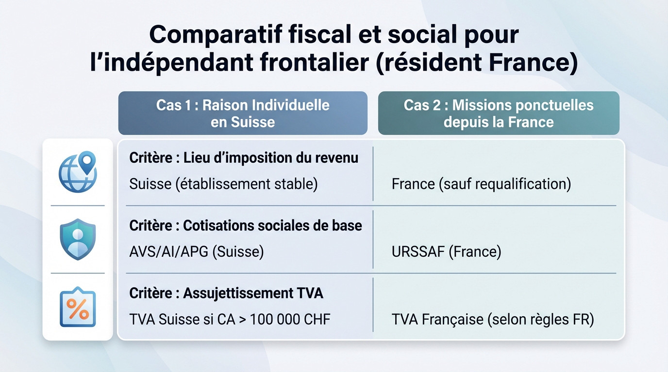 Tableau comparatif de la fiscalité et des charges sociales pour un indépendant frontalier en Suisse versus missions ponctuelles
