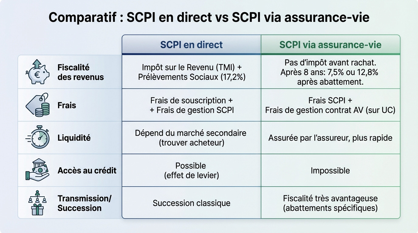 Tableau comparatif des différences fiscales et frais entre SCPI en direct et assurance-vie
