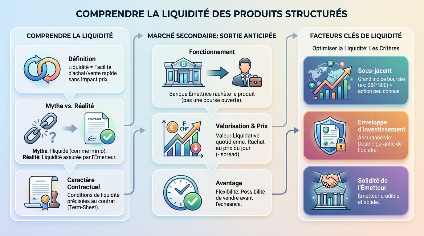 Schéma explicatif du fonctionnement de la liquidité et du marché secondaire pour les produits structurés