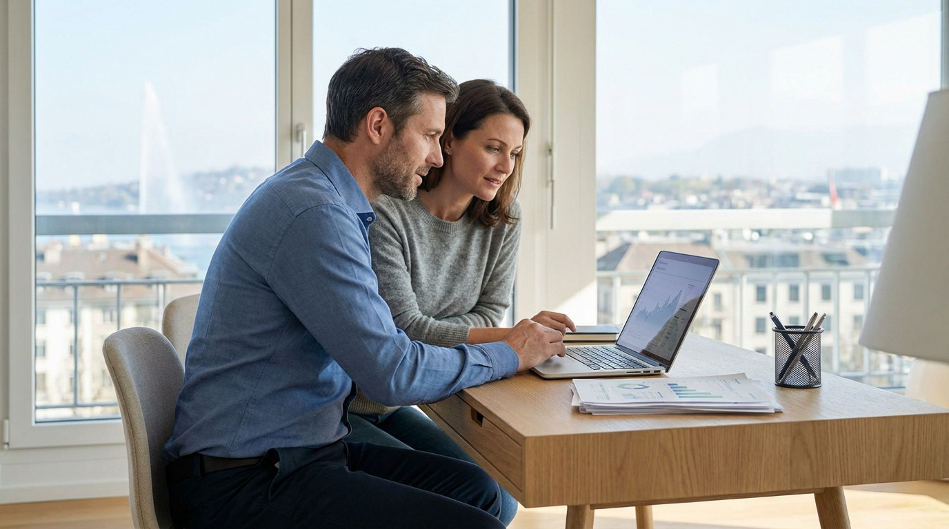 Couple analyzing financial data on a laptop in a bright home office. Geneva's Jet d'Eau and cityscape are visible through the large window.