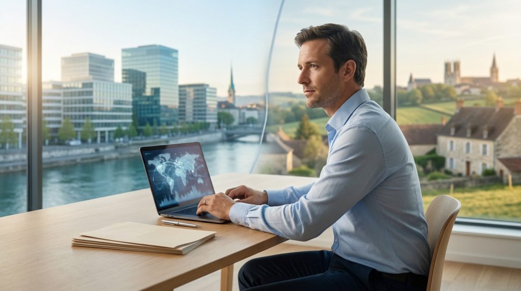 Professional man at desk with laptop, thoughtfully viewing a modern city and tranquil countryside, symbolizing cross-border finance.