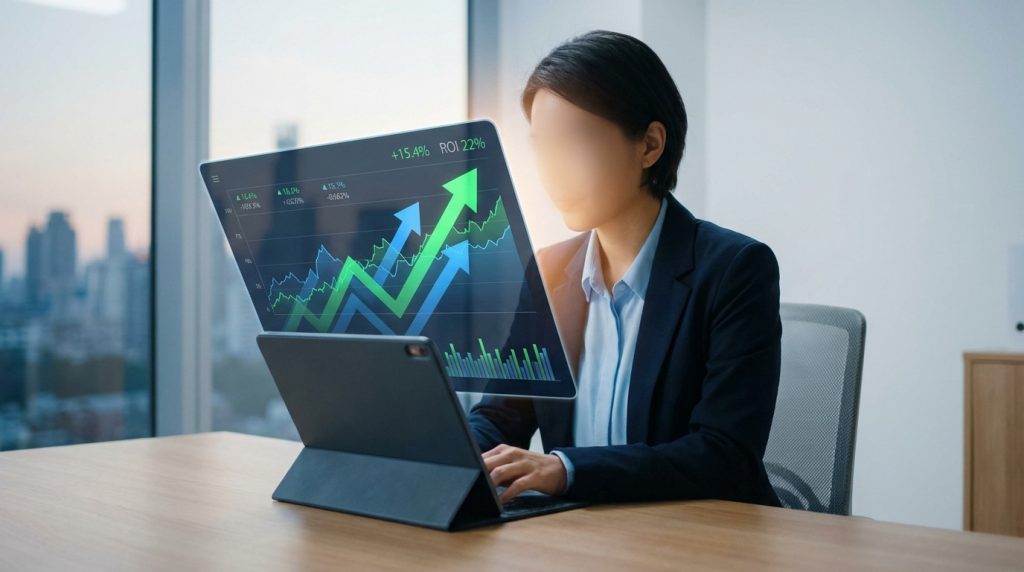 Anonymous professional analyzes glowing digital financial charts with upward green and blue trends on a tablet in a modern office.