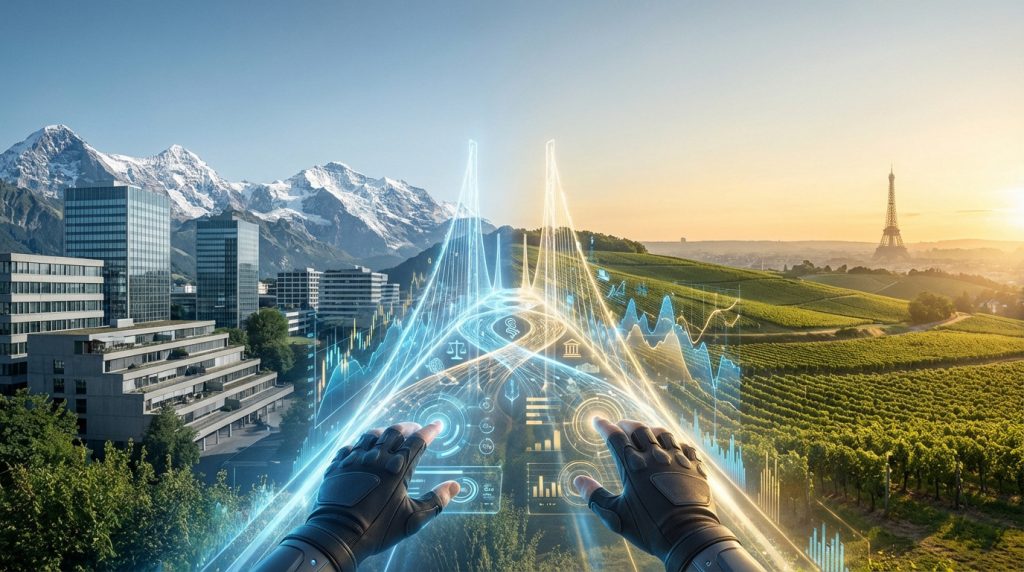 Split landscape: Swiss Alps/buildings (left), French vineyards/Eiffel Tower (right). Hands interact with glowing digital tax agreement interface.