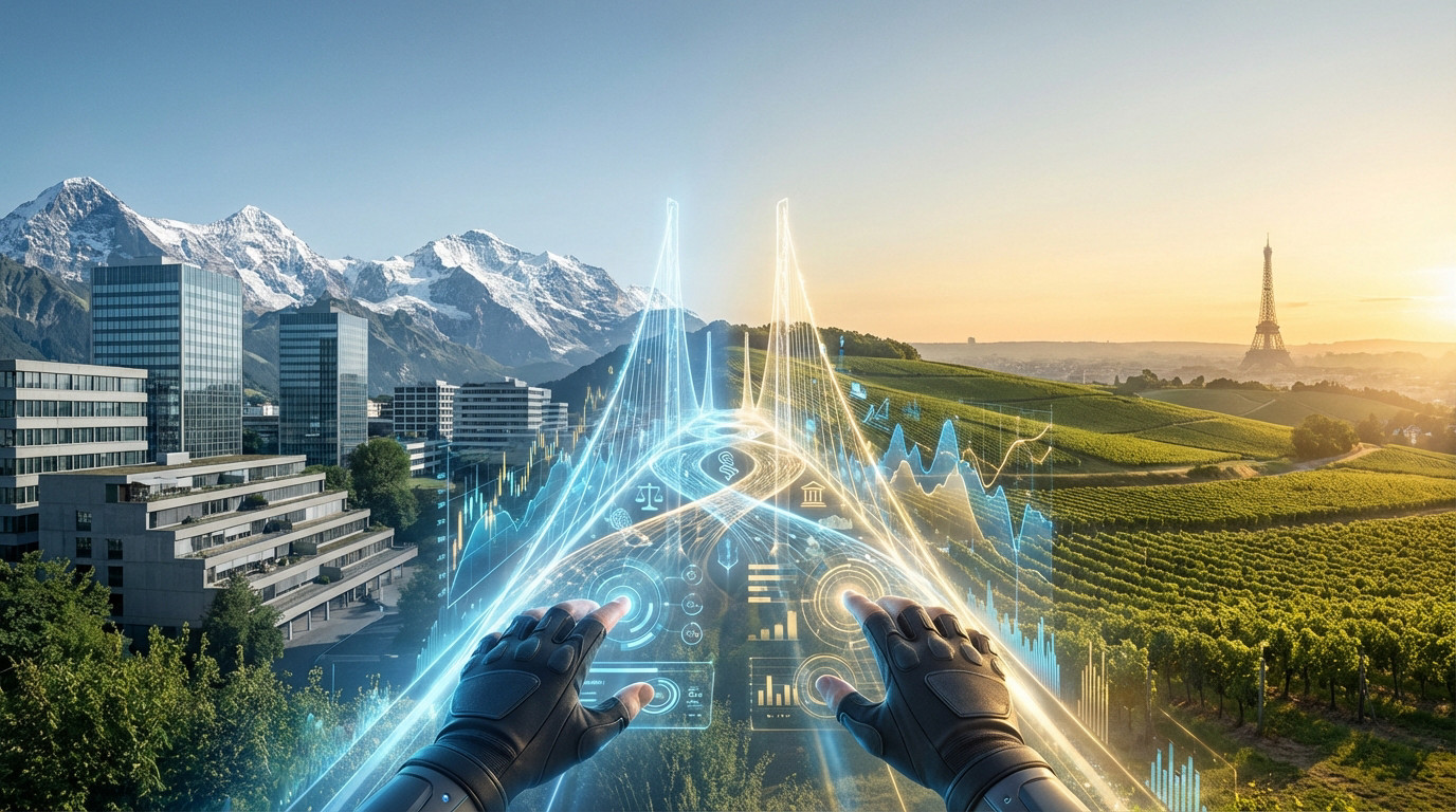 Split landscape: Swiss Alps/buildings (left), French vineyards/Eiffel Tower (right). Hands interact with glowing digital tax agreement interface.