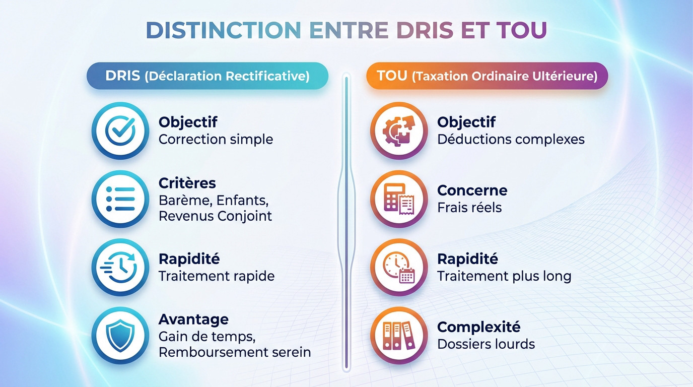 Tableau comparatif des différences entre la demande de rectification simple DRIS et la taxation ordinaire ultérieure TOU à Genève