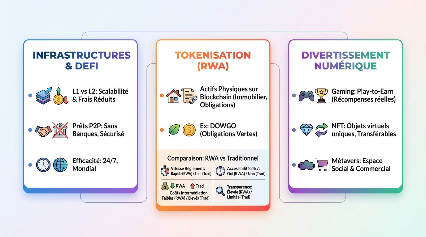Schéma illustrant l'économie tokenisée : infrastructures blockchain, actifs réels RWA et divertissement Web3