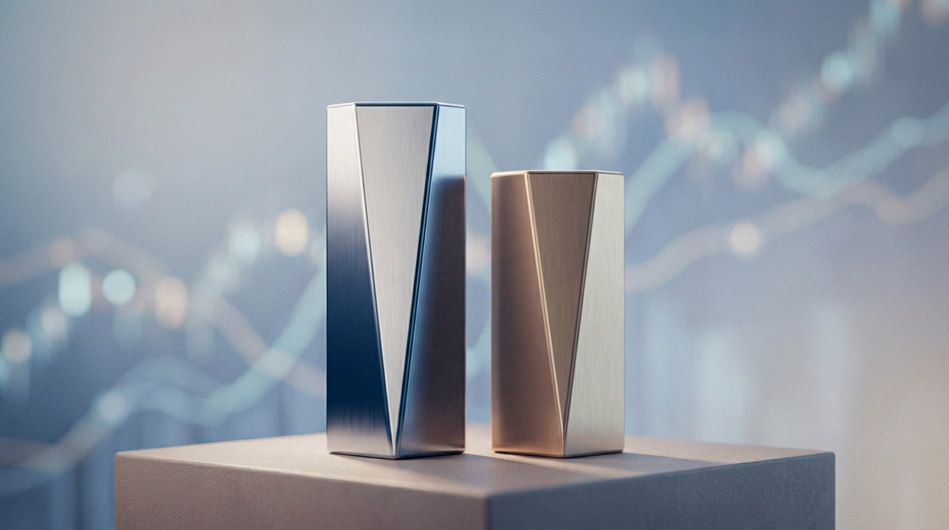 Abstract visual of two metallic geometric pillars: a taller silver (Swiss Franc) and a shorter gold (Euro), against a blurred financial graph.
