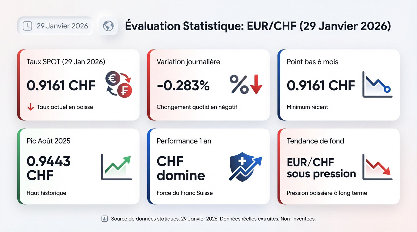 Graphique d'évolution du taux de change euro franc suisse au 29 janvier 2026 montrant une tendance baissière
