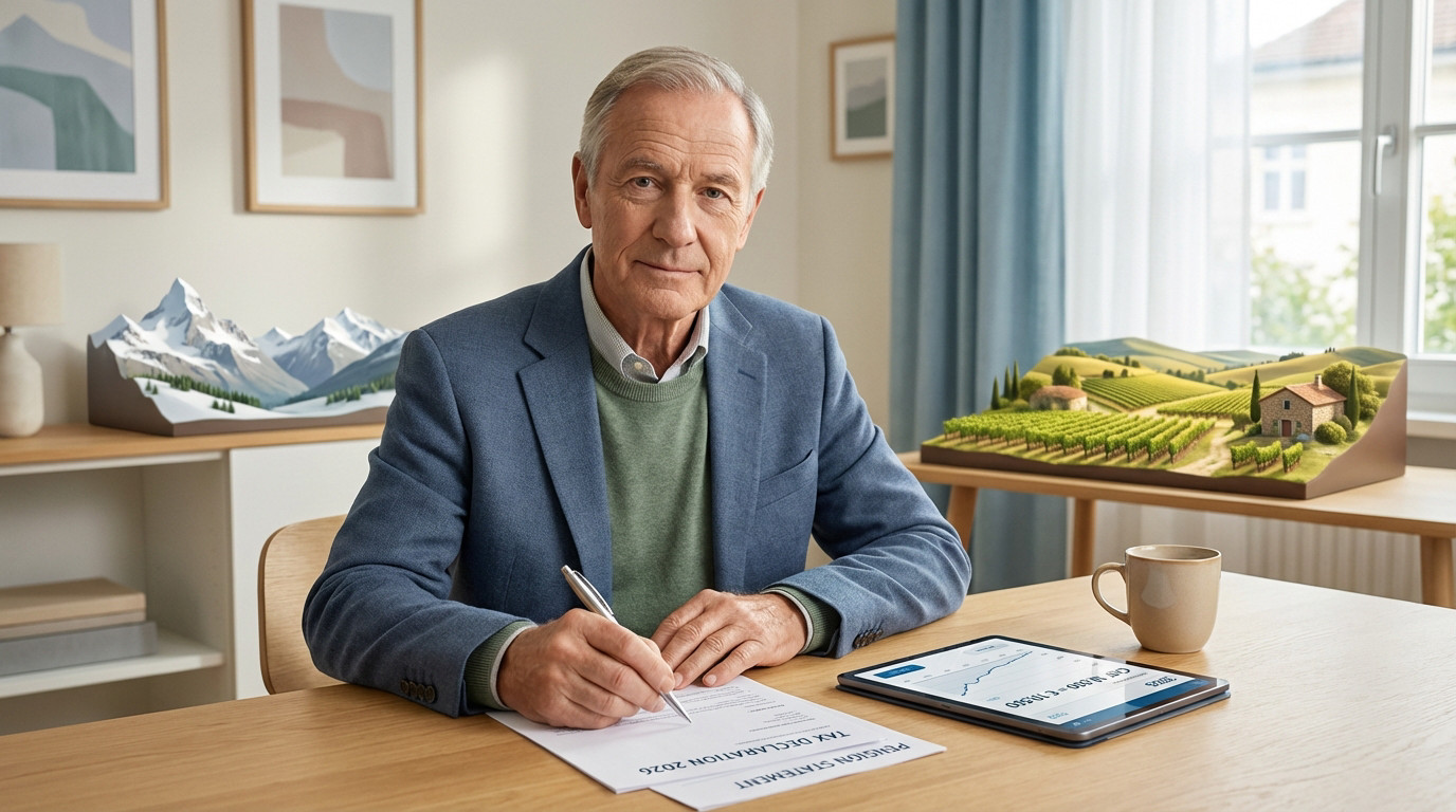 Elderly man confidently reviews 2026 pension/tax forms at a desk. Alps and vineyard models symbolize cross-border finance.