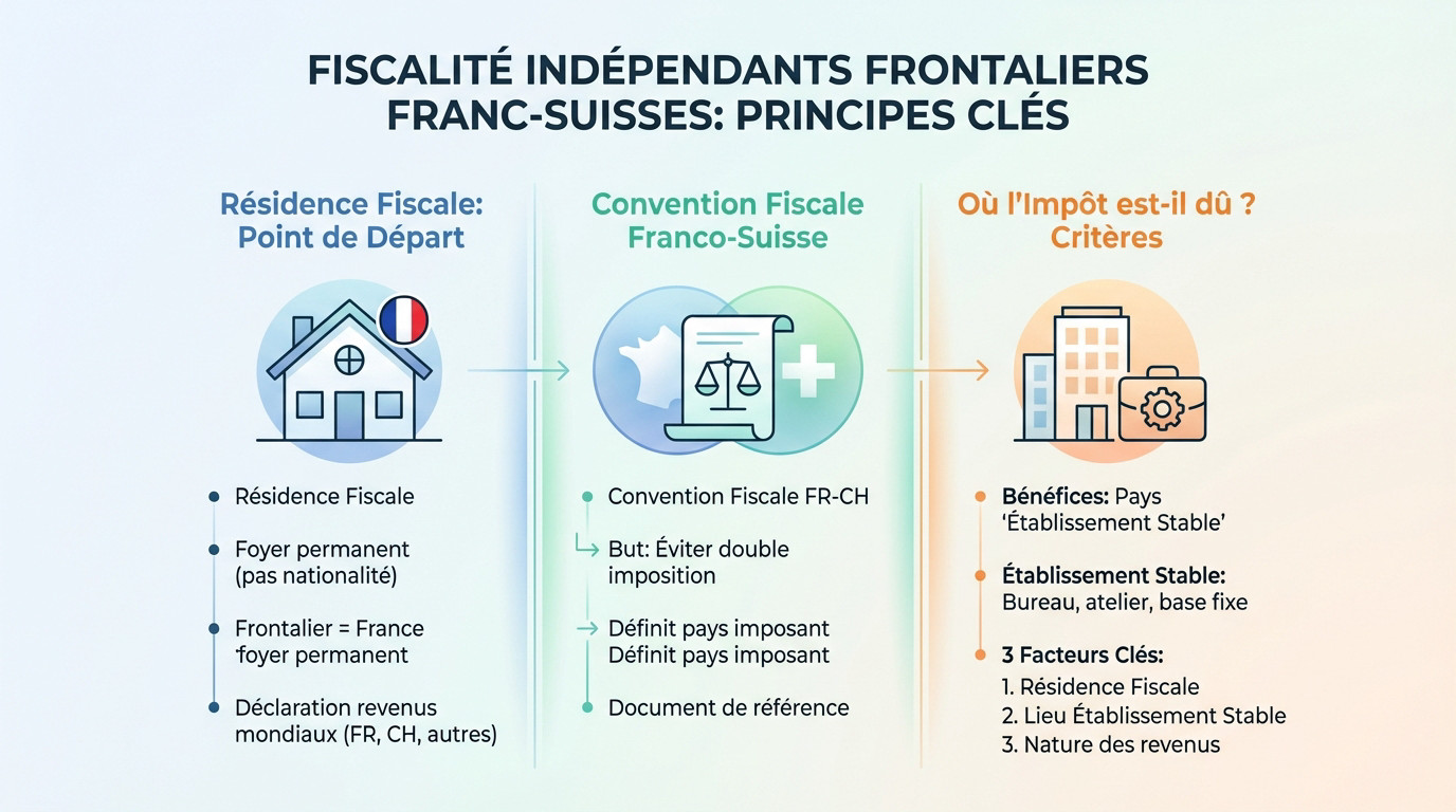 Schéma explicatif de la fiscalité pour un travailleur indépendant frontalier entre la France et la Suisse