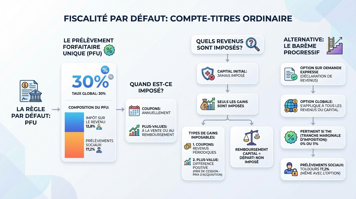 Schéma expliquant l'imposition par défaut des produits structurés via le compte-titres ordinaire et la flat tax