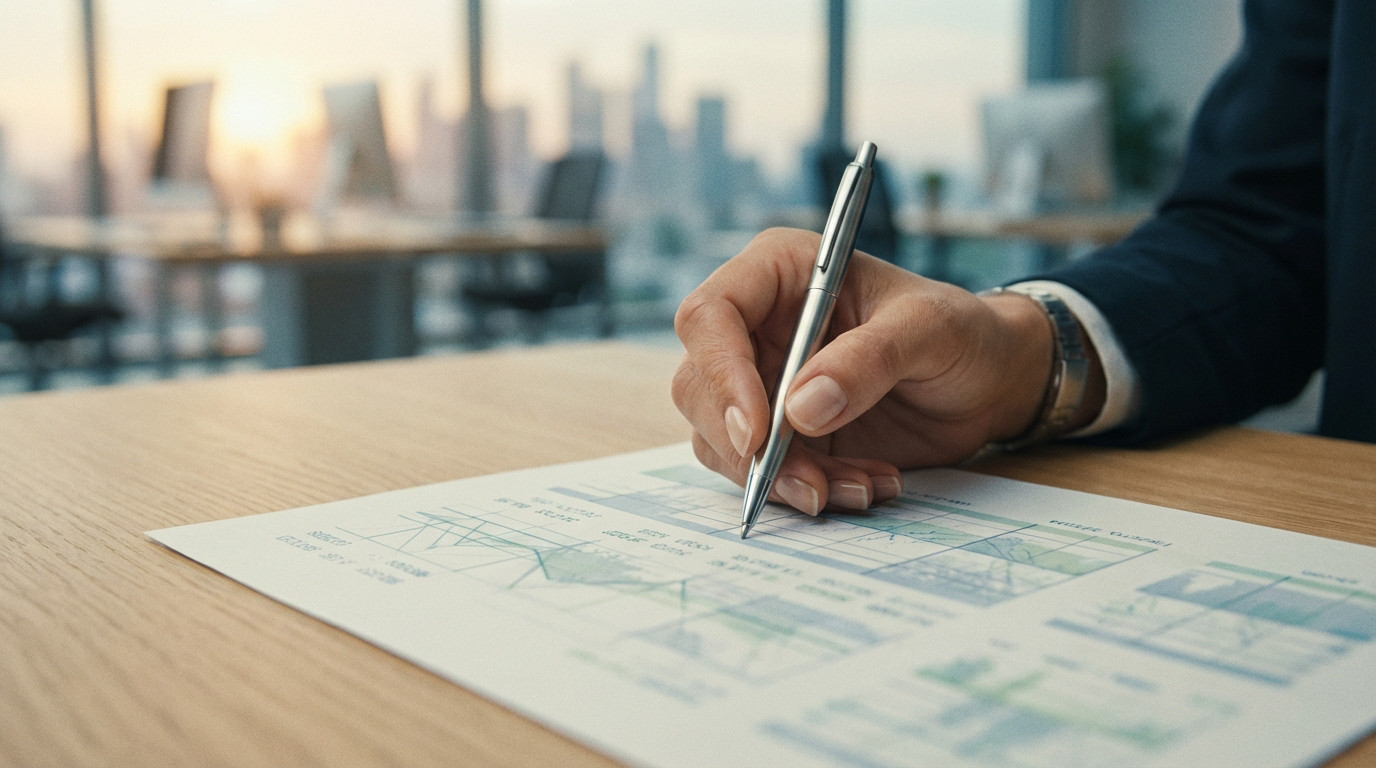 Close-up of a hand with a silver pen over a document with graphs on a wooden desk. Blurred office and golden hour city skyline in background.
