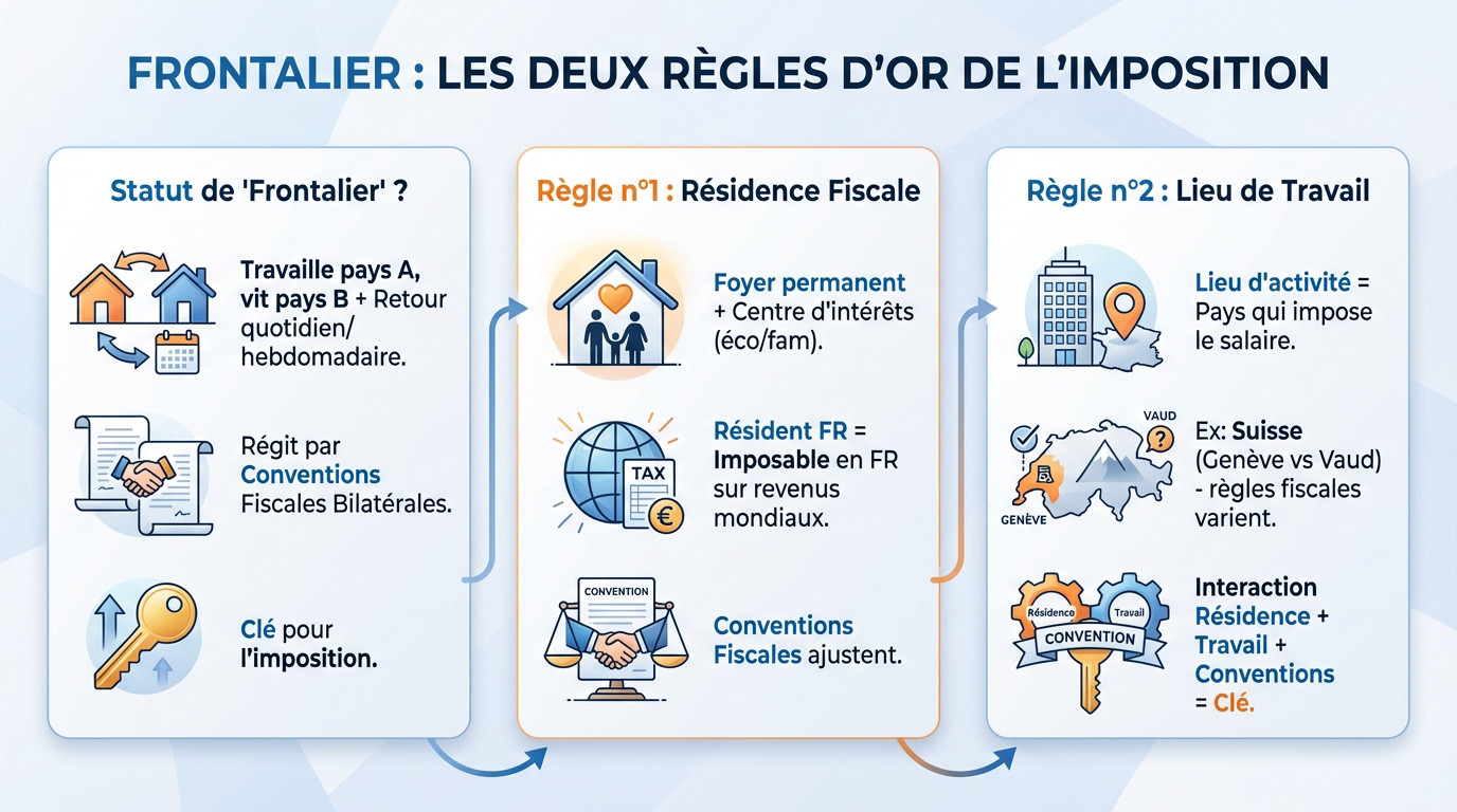 Illustration des principes de résidence fiscale et lieu de travail pour un frontalier