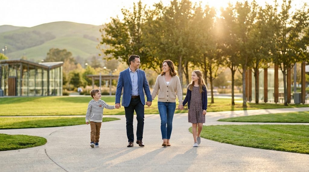 A family of four, two adults and two children, walk hand-in-hand on a paved path in a sunlit modern park, with golden light.