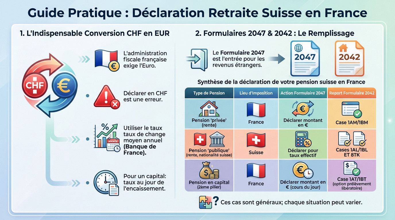 Guide pratique pour déclarer sa retraite suisse en France : formulaires et conversion devises