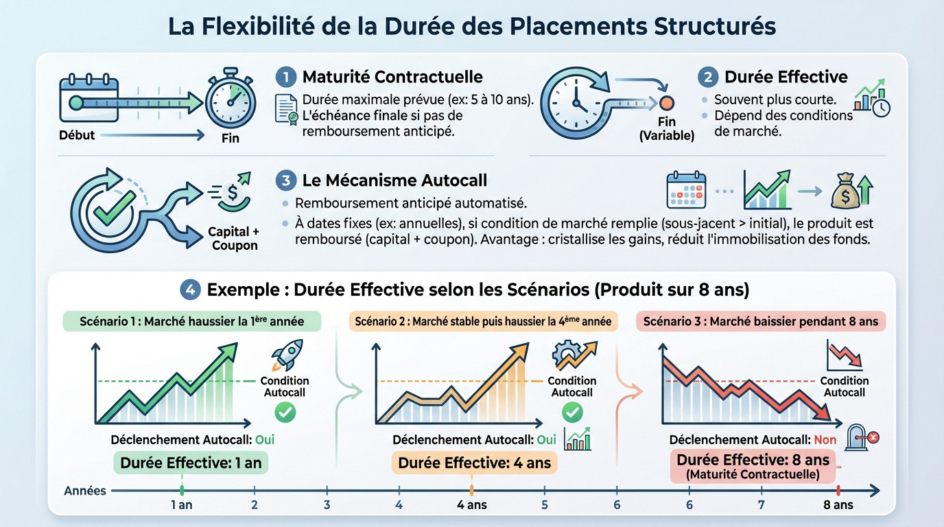 Graphique illustrant les différents scénarios de durée de vie d'un produit structuré selon l'évolution du marché
