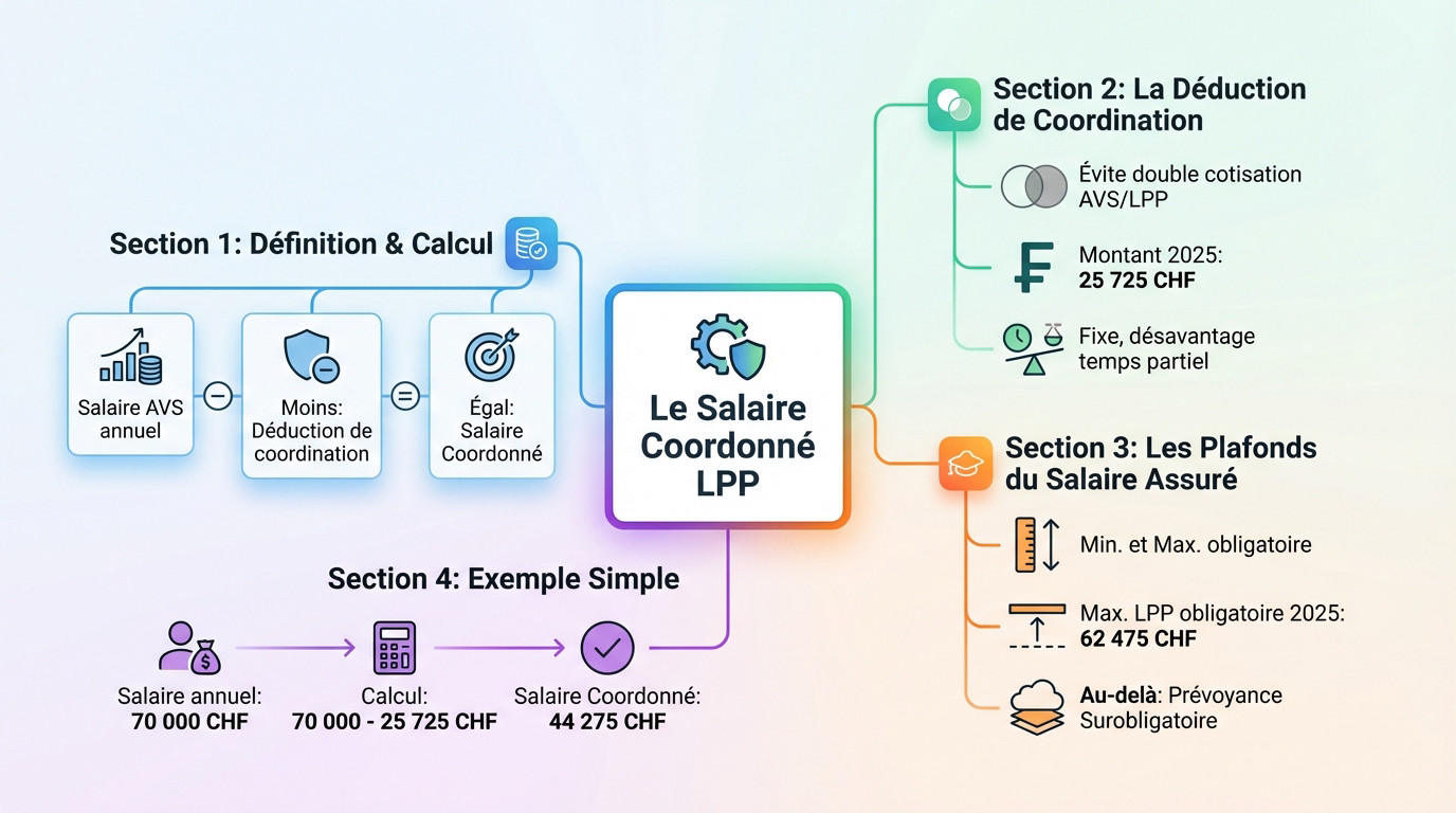 Schéma explicatif du calcul du salaire coordonné LPP et de la déduction de coordination