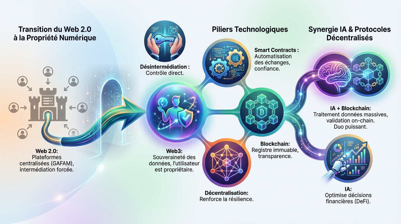 Schéma illustrant l'architecture décentralisée du Web3 et la synergie avec l'intelligence artificielle