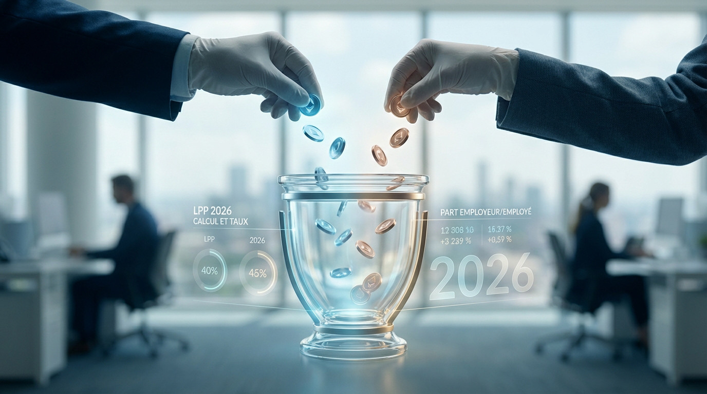 Deux mains versent des jetons bleus et bronze dans un pot LPP lumineux au centre. Données holographiques et bureau moderne flou en arrière-plan.