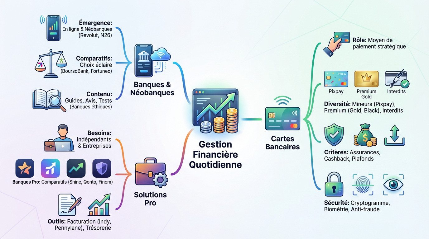 Mind map illustrant les différentes facettes de la gestion financière quotidienne : banques, cartes, et solutions pro