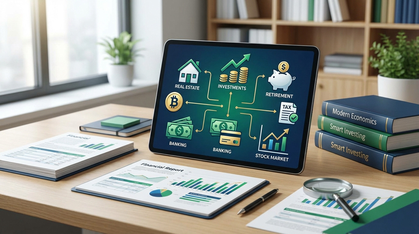 A tablet displays a financial infographic covering banking, investments, real estate, crypto, and retirement. Surrounded by finance books and documents on a desk.