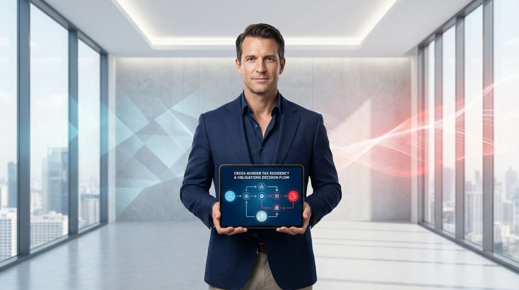 Professional in smart casual attire holding a tablet with a clear cross-border tax decision flow, set in a modern office with blue and red light patterns.
