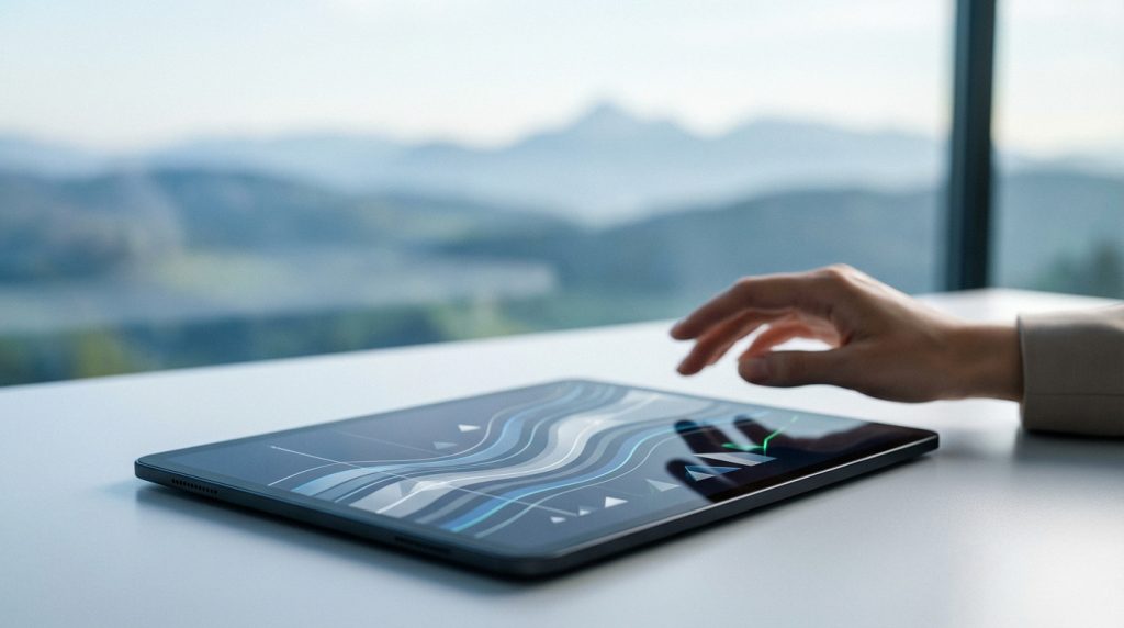 Close-up of a hand on a tablet displaying financial graphs, set against a serene, blurred mountain landscape under soft light.