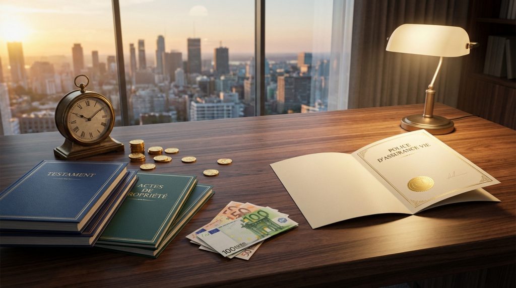 Bureau avec testament, actes, pièces d'or, billets euros et police d'assurance vie ouverte. Vue ville au coucher du soleil.
