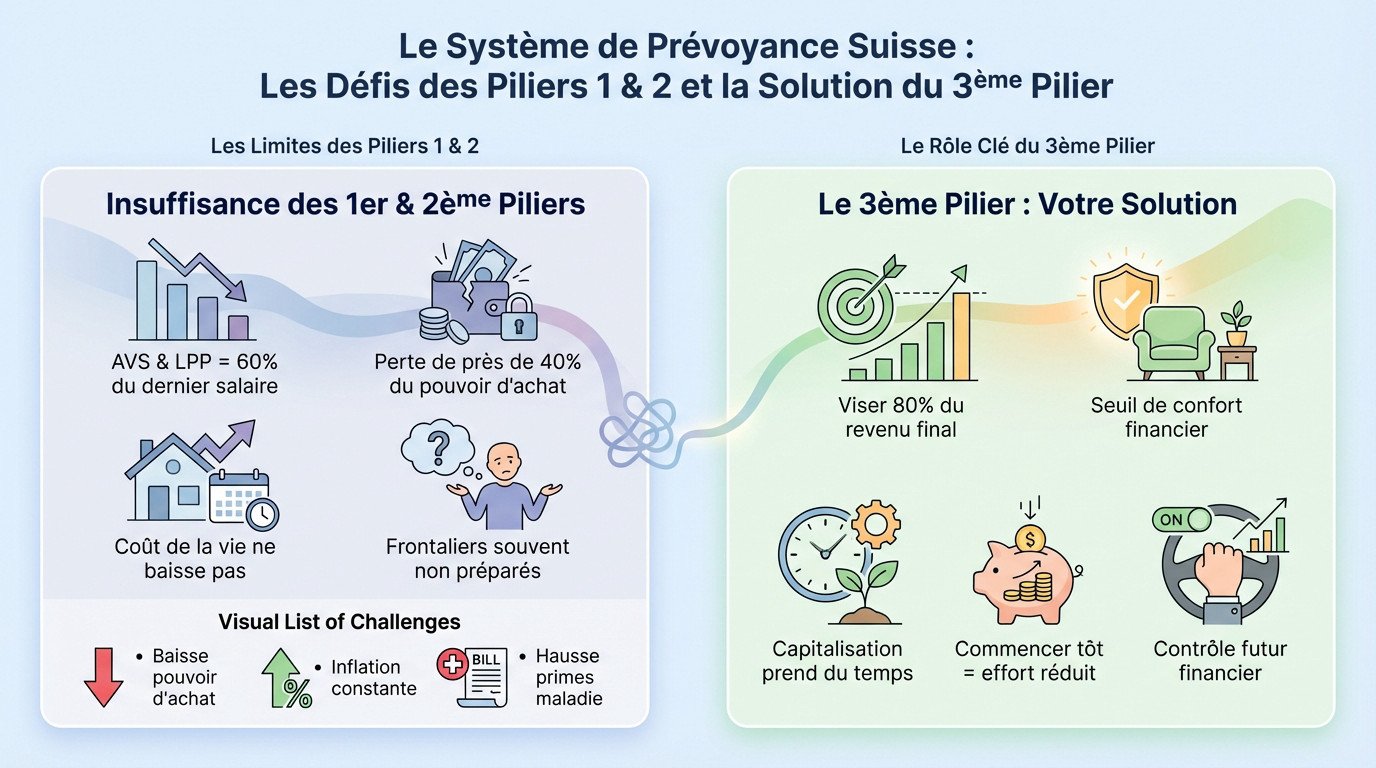 Graphique illustrant l'écart de revenus entre les deux premiers piliers suisses et le besoin réel à la retraite comblé par le 3ème pilier