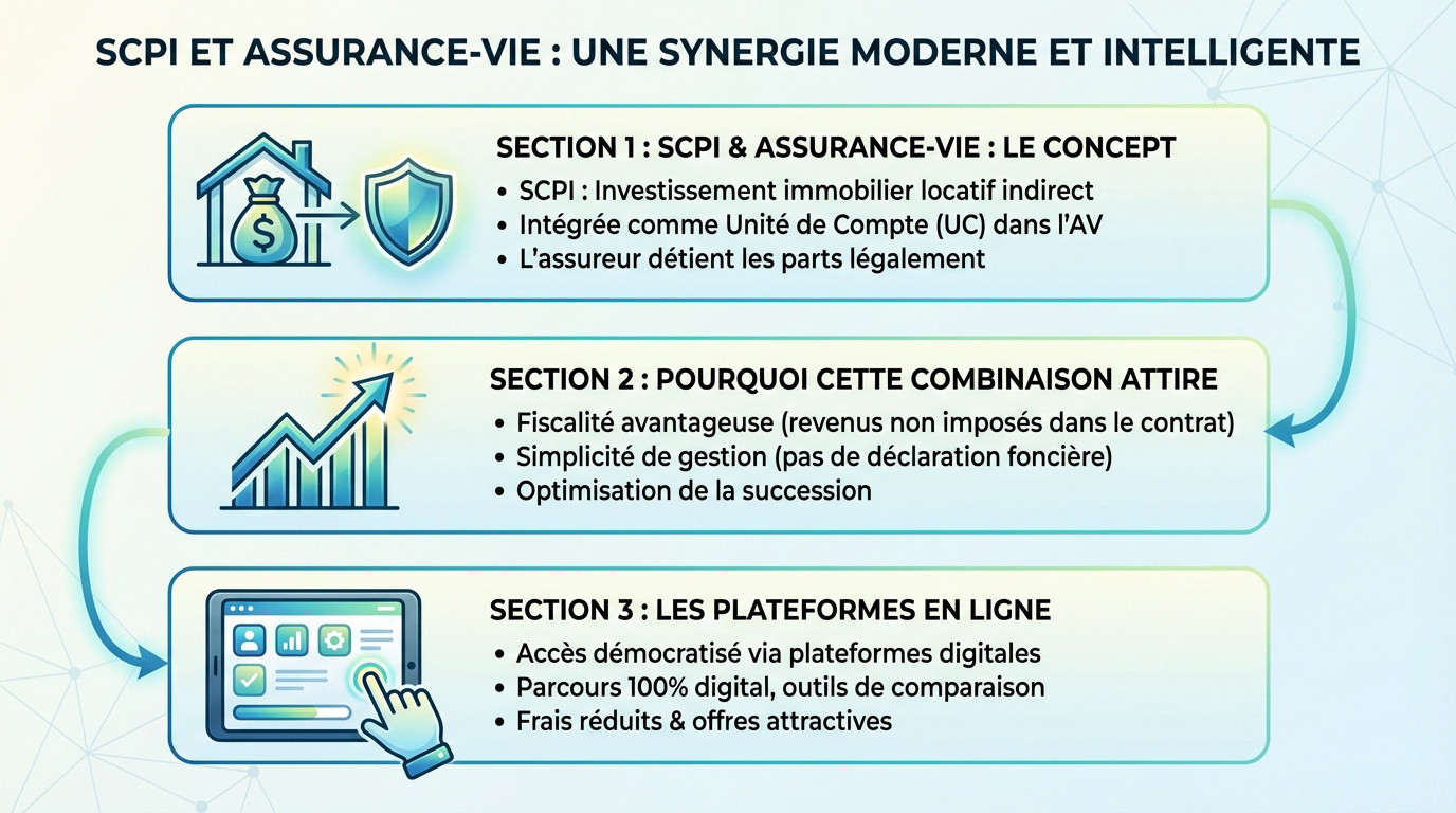 Schéma illustrant la synergie entre investissement SCPI et contrat d'assurance-vie