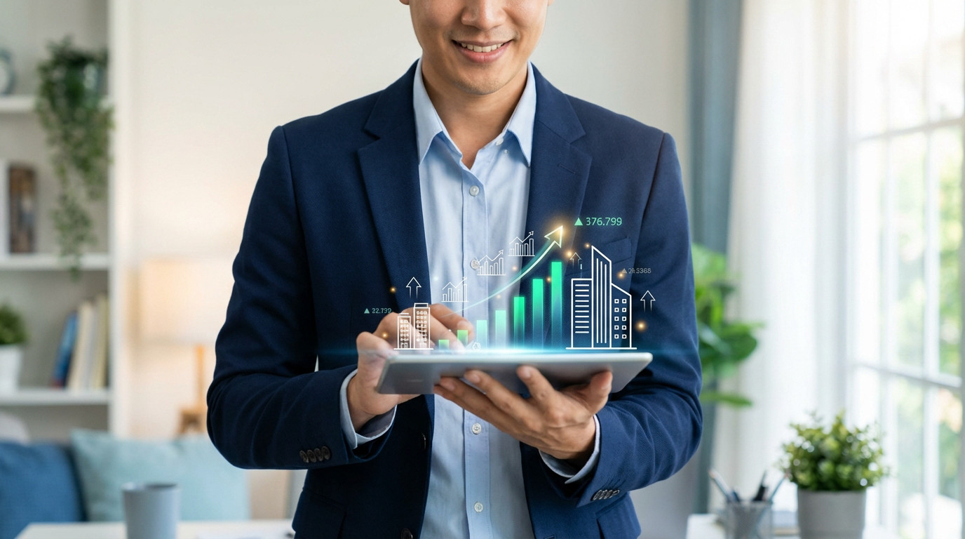 Smiling person in navy blazer uses a tablet displaying glowing financial charts and building outlines, symbolizing growth in a bright home office.