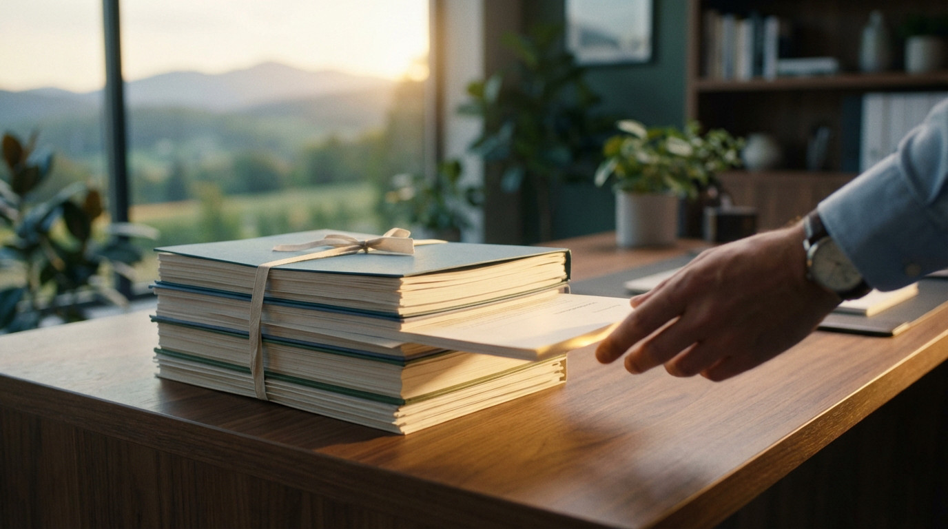 A gender-neutral hand pulls a glowing financial document from a stack on a modern wooden desk, bathed in golden light, with a mountain view.