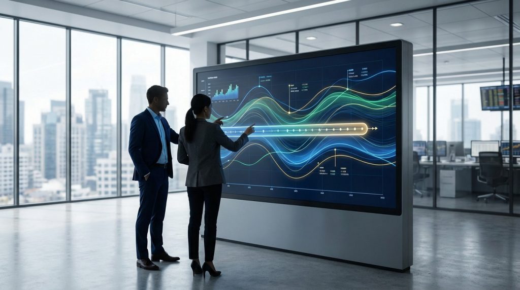 Two professionals gesture at financial data on a large interactive digital display in a modern, sunlit office with city views.