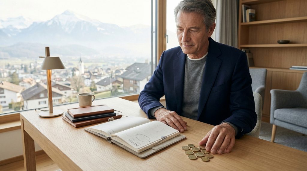 Professional man reviewing 'DEC 2026' on a calendar, with gold coins on a desk, overlooking a Swiss mountain town.